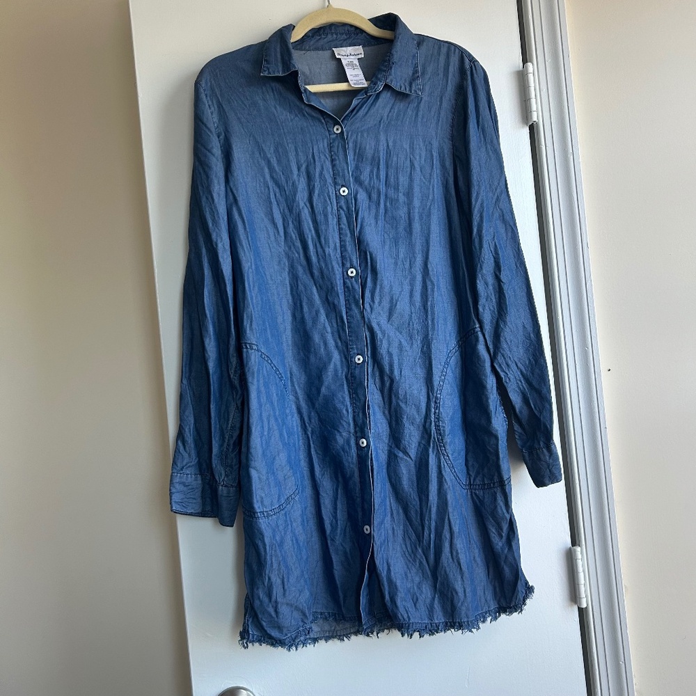 Tommy Bahama Blue Button Down Chambray Dress Baby Doll Long Sleeve Sz L